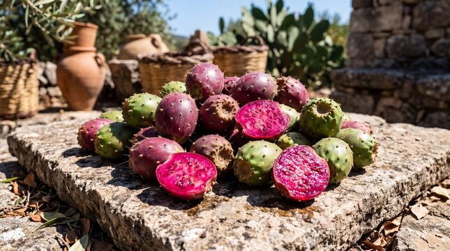 Vibrant prickly pear fruit on stone market table