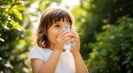 Obraz premium Young girl with brown hair wearing white shirt drinking water from a glass outdoors in a lush green park on a sunny day for health hydration and childhood refreshment