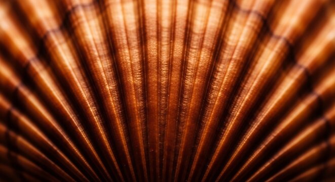 Close up of a textured brown seashell with radiating lines.