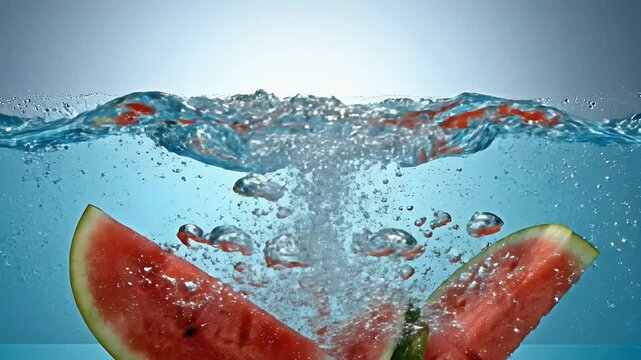 Slices of vibrant watermelon gracefully descend into clear water, creating a refreshing and visually striking splash.