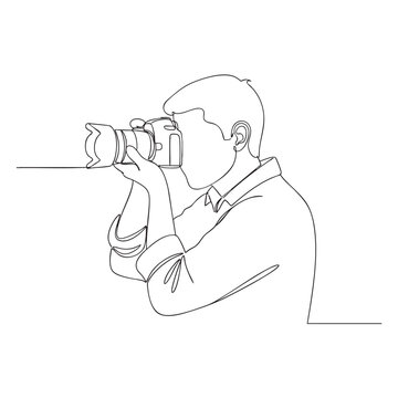 Continuous line art of a man looking through the viewfinder of a professional camera to take a perfect shot or portrait.