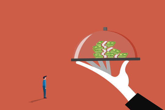 Big hand serving Money on a Platter to businessman. concept of Offer investment and savings service, best wealth management or business loan, mutual funds and financial solution
