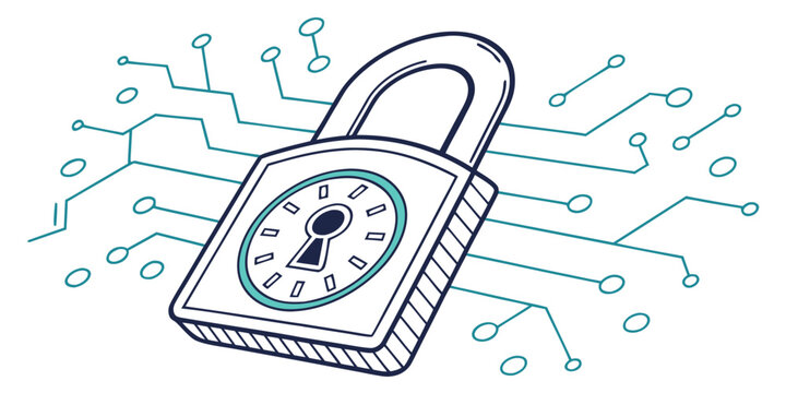 Hand-drawn digital padlock with combination dial and electronic circuit network illustration web security secure icon digital defense secure access data lock digital privacy computer security