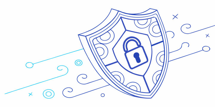 Abstract digital security shield with padlock and dynamic swirling circuitry lines illustrating cyber protection and data defense line art secure system digital safety data integrity security