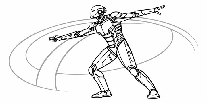 Dynamic cyborg robot with outstretched arms and energy swirls representing power and force in a futuristic setting artificial intelligence human like sci fi line art futuristic technology