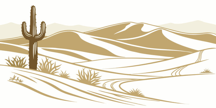 Stylized desert landscape with saguaro cactus and rolling hills with sparse vegetation road trip landscape southwest environment succulent wilderness outdoors adventure vacation illustration