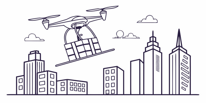 Delivery drone flying over urban city skyline carrying a package for same day shipping and smart logistics concept with delivery logistics technology transport architecture building business