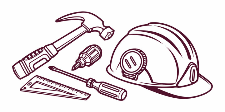Industrial construction tools outline set including hammer hard hat screwdriver and ruler with construction screwdriver industrial maintenance hardware engineering building carpentry equipment