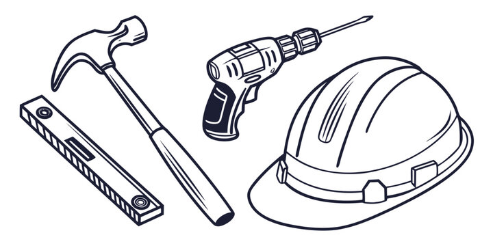 Professional construction and carpentry tool kit including hammer drill and spirit level with construction carpentry engineering maintenance hardware building equipment renovation professional