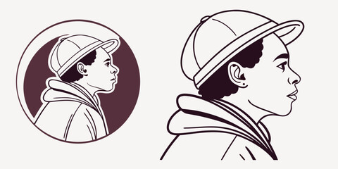 Profile portrait illustration of a young man wearing a baseball cap and hoodie in two minimalist line art styles for avatar design with portrait teenager baseball clothing minimalist illustration © Mamun