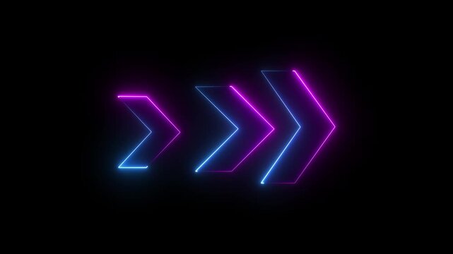 Glowing neon three-line right arrow animated indicator black blackground 4k video...