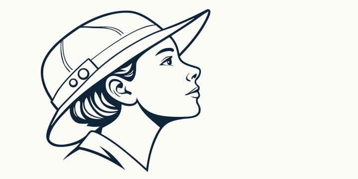 Line art illustration of a young woman wearing a pith helmet looking up in side profile isolated on a plain background representing exploration and adventure with looking up sun hat explorer