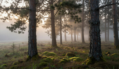 Obraz premium Pine trees standing over mossy forest floor in morning mist