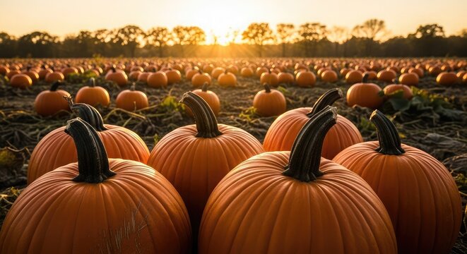 Autumn pumpkin patch at sunset a harvest scene