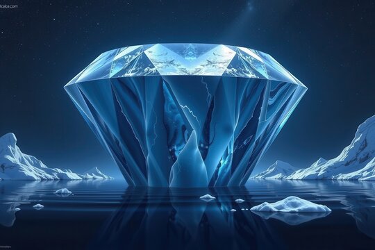 A massive, floating iceberg that is actually a gigantic, perfectly cut diamond reflecting a dark, starry cosmos.