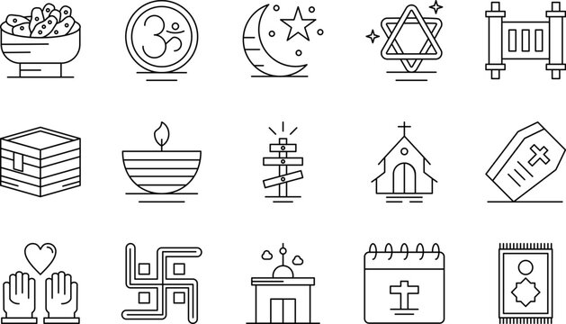 Collection of religious symbols and sacred architectural elements in line art