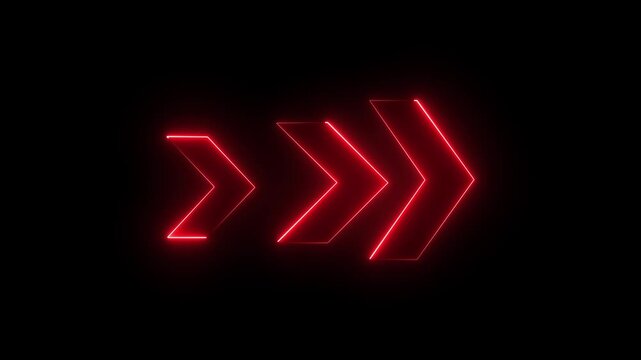 Glowing neon three-line right arrow animated indicator black blackground 4k video...