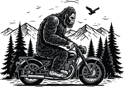 Bigfoot on a motorcycle a vintage style wilderness adventure illustration