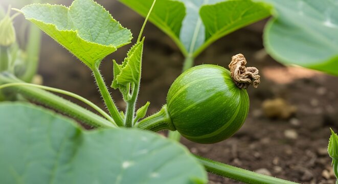 Young zucchini growing on a vine with a bee pollinating