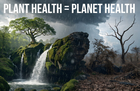 Environmental conservation concept with Plant Health equals Planet Health text, lush green forest waterfall vs dry barren landscape, climate change awareness