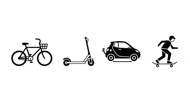 Diverse personal transportation icons showcasing various modes of urban mobility, including cycling, scootering, driving, and skateboarding, representing modern travel options
