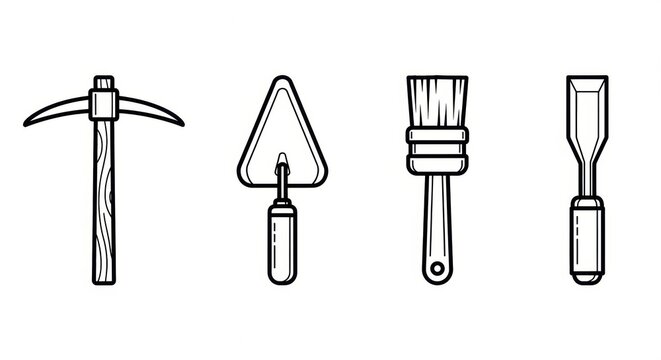 Utility hand tools vector set pickaxe, trowel, brush, chisel. Essential implements for construction, craft, and repair projects