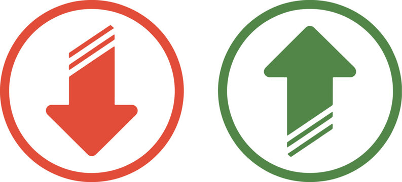 Directional arrows icons set, red down and green up symbols representing growth decline increase decrease and financial trend analysis concepts.