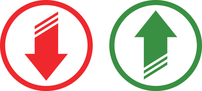 Directional arrows icons set, minimalist green up and red down arrows for performance metrics business analytics and market movement visualization.