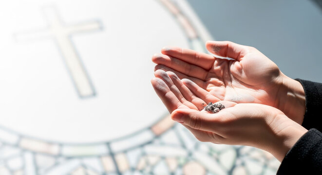 Ash on hands religious ritual close up during Lent season. Concept of faith humility and prayer