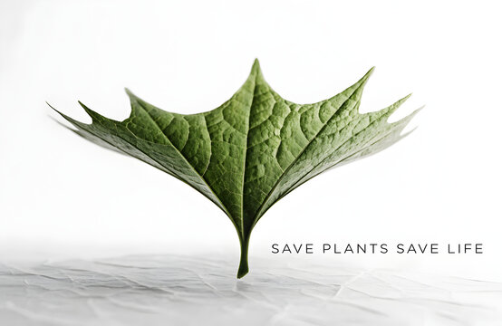 Green leaf environmental concept with text Save Plants Save Life, ecological conservation symbol, fresh botanical foliage on white background