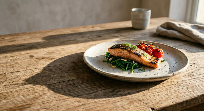 grilled salmon fillet with spinach and cherry tomatoes on a plate