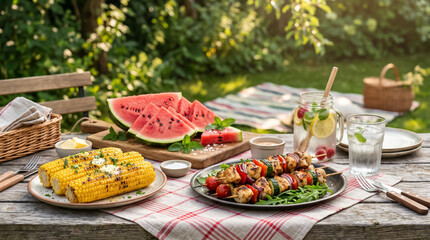 Fototapeta premium Fresh summer outdoor dining scene with grilled corn, vegetable skewers, watermelon, and lemonade on a rustic table in a green garden under natural sunlight.