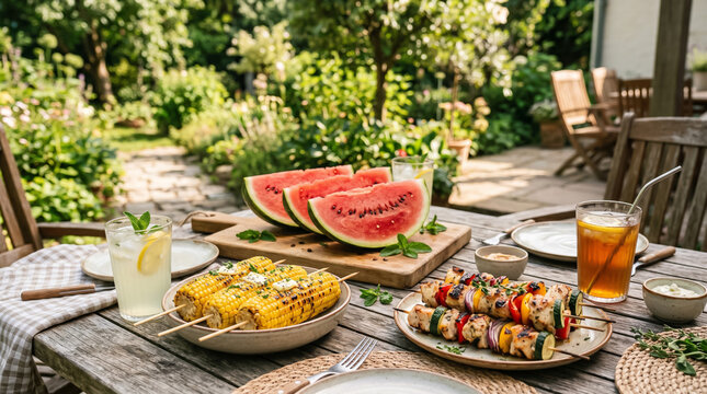 Fresh summer outdoor dining scene with grilled corn, vegetable skewers, watermelon, and lemonade on a rustic table in a green garden under natural sunlight.