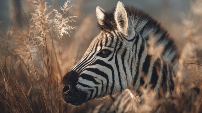 Zebra portrait in a golden savanna, tranquil and detailed wildlife shot