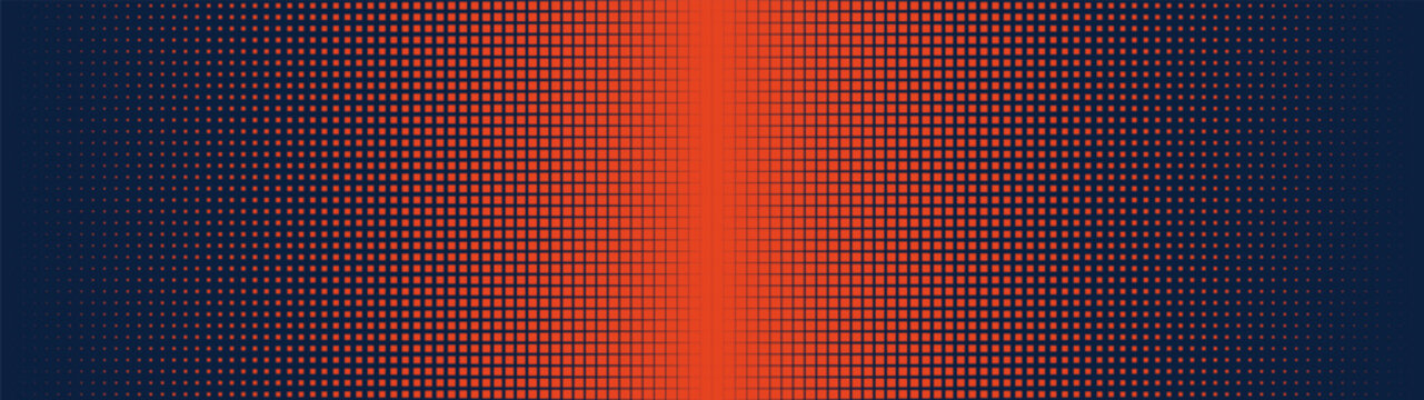 Abstract halftone pattern background with vibrant red and navy blue color gradient, Dynamic gradation minimalistic unique vector ornament, transition from small pixel to large square