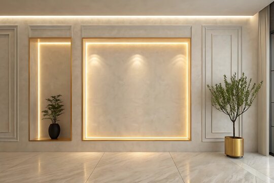 Modern minimalist illuminated wall niche with plants interior