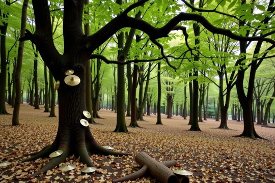 A forest where the tree leaves are made of thousands of tiny, ringing brass cymbals.