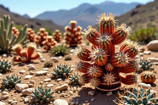 A desert where the cacti are made of tightly coiled, copper wire.
