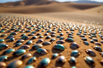 Obraz premium A desert where the sand is made of millions of tiny, iridescent beetle shells shifting like liquid in the wind.