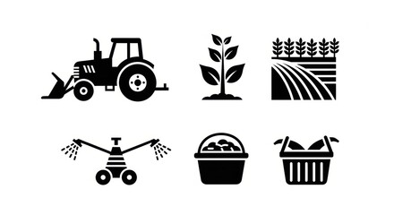 Set of agricultural icons featuring a tractor, plant growth, farm fields, drone, basket of produce, and wheat stalks © ARIF