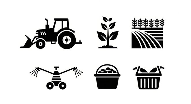 Set of agricultural icons featuring a tractor, plant growth, farm fields, drone, basket of produce, and wheat stalks