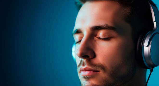 man closing eyes while listening to music, portrait of a man wearing professional headphones and enjoying a song. Theme of audiophile quality, musical immersion, relaxation, and hobby entertainment.