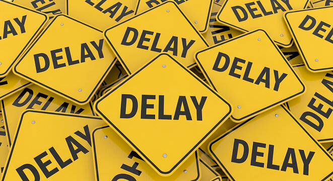 Numerous bright yellow warning signs indicating significant 'DELAY' scattered and piled up, representing widespread waiting and challenges