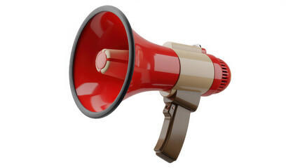 Naklejka premium Red portable megaphone with beige body and brown handle on a white background
