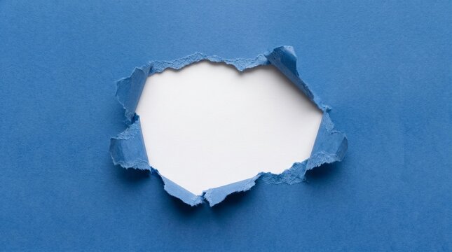 A torn hole in blue paper revealing a white background underneath the rip