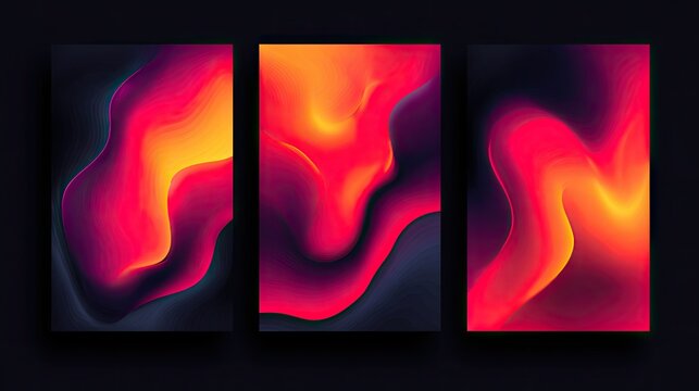 Three vertical panels display vivid, abstract fluid motion graphics with intense warm colors against a dark backdrop