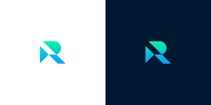Abstract letter R logo design concept with gradient colors on white and dark backgrounds