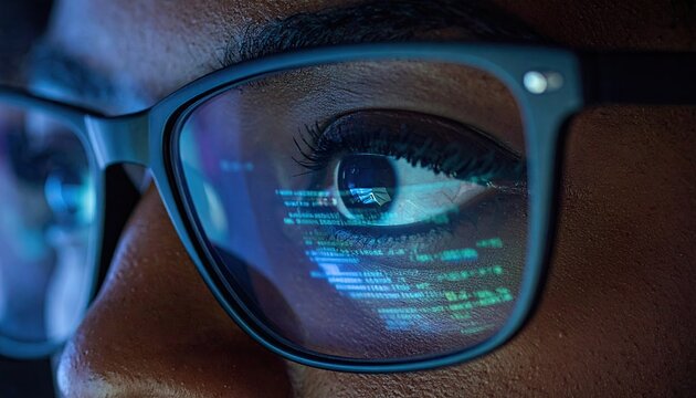 Close up of eye with glasses reflecting computer code data tech concept