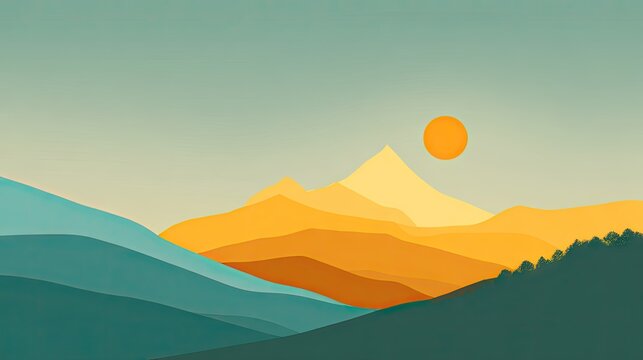 Layered landscape with receding hills and bright sun under a pale sky