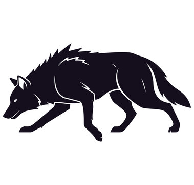 black wolf silhouette walking to left on white background